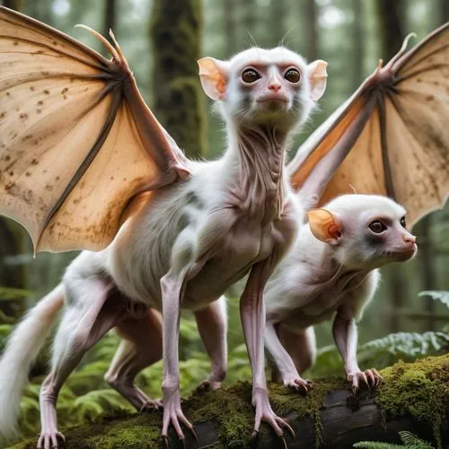 Photorealistic lifelike 4K image In the dense forest of a non-terrestrial planet a group of three very strange looking non-terrestrial creatures with both Simian and Avian features giving them a "Flyi