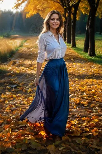 woman standing in leaves on ground with trees in the background,autumn background,autumn photo session,autumn frame,autumn walk,autumn theme,country dress