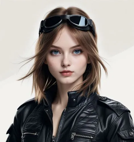 an image of a beautiful woman wearing sunglasses,aviator,zofia,aviators,earhart,leather jacket,vector girl