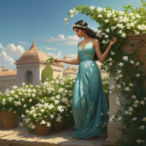 Create a story where summer jasmine becomes a symbol of hope and new beginnings.,jasmine flowers,jasmine blossom,jasmine flower,a beautiful jasmine,jasmine,girl picking flowers,holding flowers,scent o