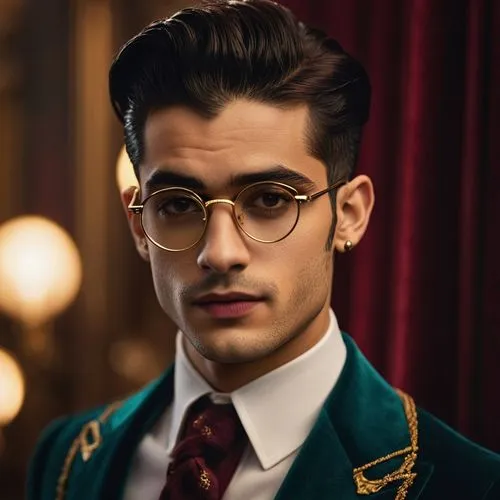 Zayn Malik as Edward Nygma,man in green jacket and matching glasses in room with red curtain,malhotra,marcel,gianfrancesco,avan,gryffindor,minho,Photography,General,Cinematic