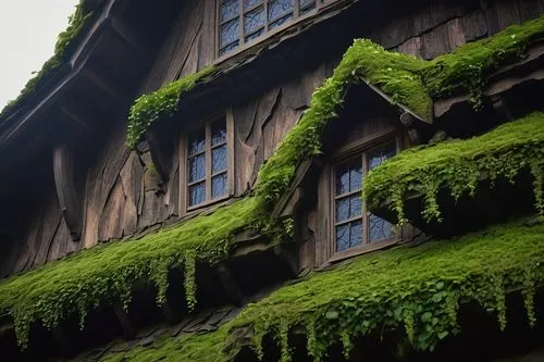 Weathered wooden architectural shingles, rustic brown color, irregular shape, overlapping layers, rough texture, moss-covered surface, intricate details, medieval-inspired design, steeply pitched roof