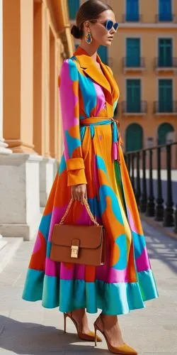 Fashion show ,a woman wearing a colorful coat and holding a brown bag,missoni,marni,vibrant color,caftans,dvf,caftan,Photography,General,Realistic