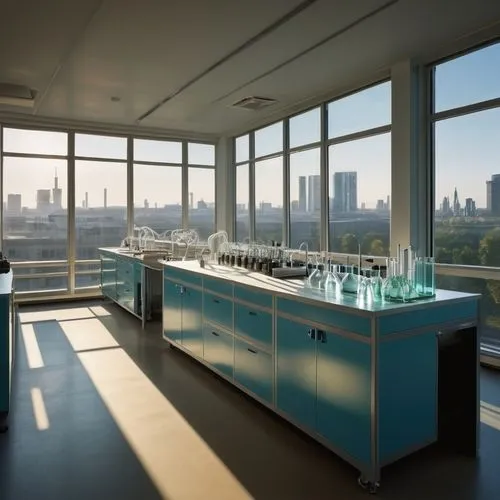 Modern chemistry laboratory, futuristic design, minimalist architecture, sleek lines, steel beams, glass walls, fluorescent lighting, rows of workstations, white countertops, various equipment, micros