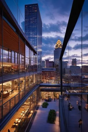 Cincinnati, Ohio, modern skyscraper, glass curtain wall, sleek steel framework, urban cityscape, bustling downtown area, evening time, warm streetlights, pedestrians walking, blurred motion, low-angle