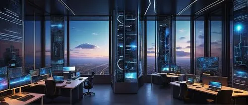 Modern 3D futuristic skyscraper, cityscape, metropolitan area, sleek glass walls, metallic frames, neon lights, intricate circuitry patterns, complex network of wires, servers, mainframes, cloud compu