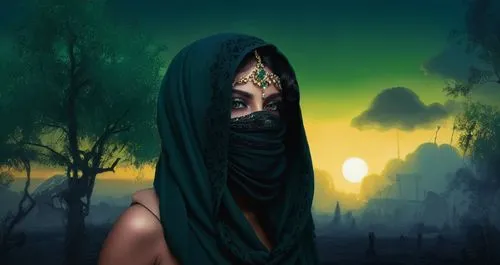 
 nude Beautiful arab girl, full dark curly hair, big green eyes, full black lips, misty sky,a woman with a veil is in the middle of a field,purdah,niqab,fantasy picture,burqa,hekate,khatun,Illustrati