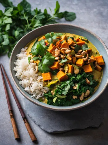 gorgeous bowl of vegan thai green sweet potato curry with cashews,thai curry,yellow curry,green curry,massaman curry,asian soups,stir-fry,kare-kare,kare - kare,bánh bò,vegan nutrition,tibetan bowl,can