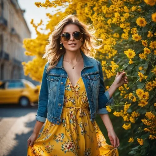 yellow jumpsuit,yellow daisies,girl in flowers,beautiful girl with flowers,yellow flowers,colorful floral,golden flowers,floral background,yellow petal,yellow purse,floral,yellow,yellow petals,yellow color,bright flowers,sunflower lace background,yellow flower,yellow orange,floral dress,yellow and blue,Photography,General,Fantasy