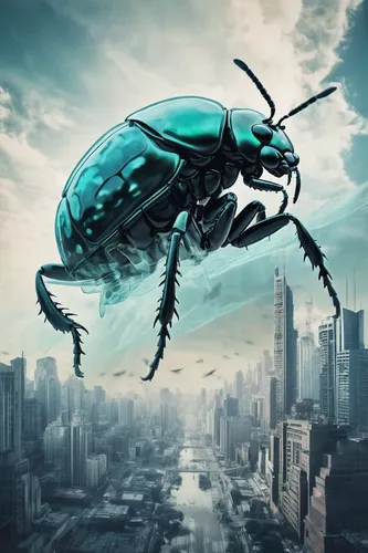 Describe a dystopian world ruled by giant coleoptera and the struggle to survive,artificial fly,scarab,scarabs,weevil,locust,earwig,flying insect,forest beetle,arthropod,blue-winged wasteland insect,i