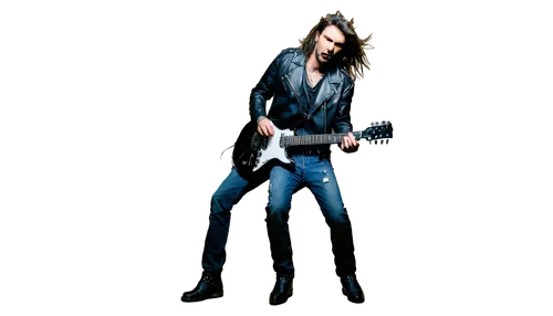 heavy metal musician, male, aggressive facial expression, black leather jacket, ripped jeans, silver studded belt, black boots, holding electric guitar, playing solo, long messy hair, beard, tattoos o