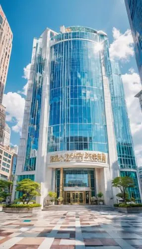 Modern skyscraper, sleek glass façade, metallic frames, intricate stone carvings, grand entrance, revolving doors, marble lobby, high ceiling, chandelier, staircase, offices, meeting rooms, cityscape 