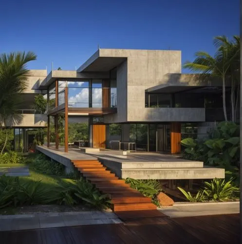 modern tropical case study house architecture, Puerto Rico, meditation architecture of brazilian architect Marcio Kogan, modern, realistic, corten steel, concrete, wood, award winning perspective, raw