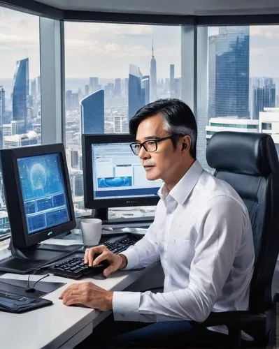 Modern computer architecture expert, middle-aged man, glasses, short black hair, wearing a white shirt, dark blue trousers, black leather shoes, sitting in front of a desk, multiple screens, keyboard,