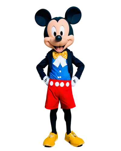 Mickey Mouse, cartoon character, white gloves, red shorts, yellow shoes, cheerful expression, standing pose, hands on hips, iconic ears, bright blue eyes, smooth facial features, vibrant colors, 3/4 c