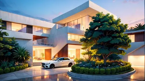 anime style entrance shot of a minimalist two floors modern white villa in Luanda, showing the drop off in front of the entrance, big glass windows, wooden fins on the top floor, Garage to the right s