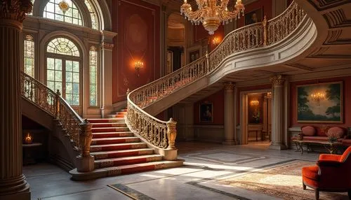 ornate room,staircase,winding staircase,opulently,opulence,outside staircase,palatial,opulent,chateau,cochere,staircases,mansion,chateauesque,royal interior,luxury home interior,circular staircase,entrance hall,grandeur,ornate,hallway,Photography,General,Realistic