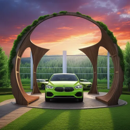 change the background with nature with some tress,sustainable car,semi circle arch,green energy,green power,electric charging,3d car wallpaper,electric sports car,electric car,eco,patrol,planted car,h