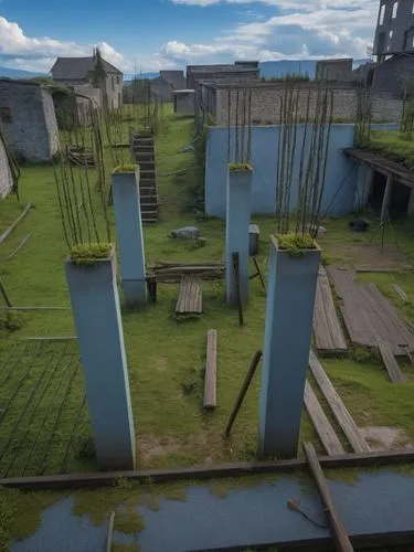 some very tall metal structures with plants growing on them,abnegation,industrial ruin,kurilsk,ruins,deadmarsh,yavin,Photography,General,Realistic