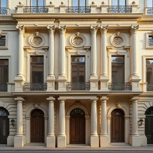 Elegant residential facade, Corinthian columns, ornate capitals, intricately carved entablatures, symmetrical composition, grand entranceways, rusticated bases, Ionic pilasters, sweeping arches, balco