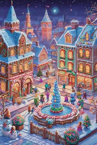 Gingerbread style architecture, ornate facades, icing-like stucco decorations, candy-cane striped columns, gingerbread men-shaped door knockers, colorful gumdrop-inspired finials, snowflake-patterned 