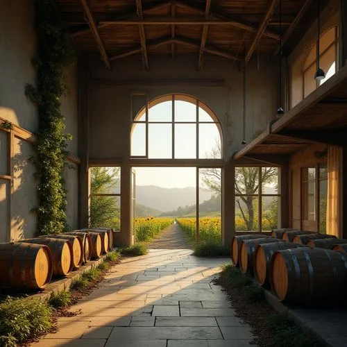 Deconstructed winery, modern architecture, fragmented structure, steel beams, concrete walls, wooden accents, vines crawling up walls, large glass windows, natural light pouring in, rows of wine barre