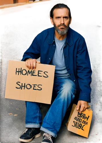 Homeless person, dirty clothes, worn-out shoes, rugged beard, sad eyes, holding a cardboard sign, sitting on sidewalk, urban background, natural lighting, cinematic composition, shallow depth of field