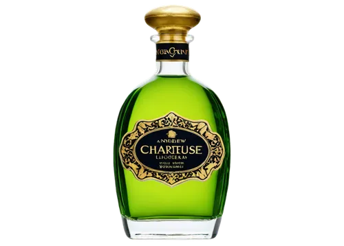 Bottle, Chartreuse liqueur, green glass, ornate label, golden cap, detailed texture, transparent background, close-up shot, soft focus, warm lighting, shallow depth of field, vibrant color tone.,chart