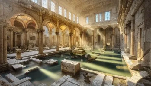 fantasy, roman baths, ruins, vines, collapsed roof, marble floors, god rays,roman bath,sunken church,umayyad palace,floor fountain,help great bath ruins,el jem,hall of the fallen,celsus library,empty 