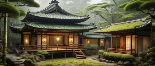 teahouse,dojo,teahouses,ryokan,asian architecture,bamboo forest,japanese-style room,world digital painting,japanese shrine,house in the forest,wuyuan,forest house,ancient house,bamboo plants,home landscape,ryokans,jinchuan,tianxia,japanese zen garden,japanese garden,Art,Artistic Painting,Artistic Painting 20