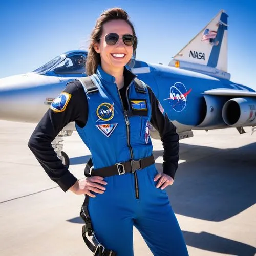 Some 15 m besides a white NASA F-104 Starfighter jet fighter in blue NASA markings at Edwards AFB, Cal., is standing a gorgeous female 29 years old NASA Test Pilot in white and blue NASA flight overal