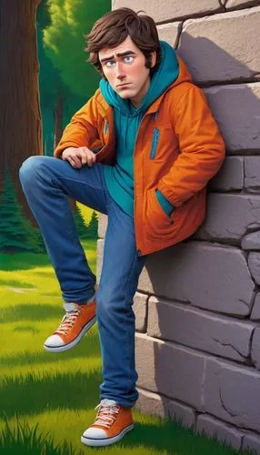 Cartoonish South Park character, avatar, male, messy brown hair, bright blue eyes, pale skin, casual wear, orange jacket, blue jeans, sneakers, relaxed posture, leaning against a wall, surrounded by t