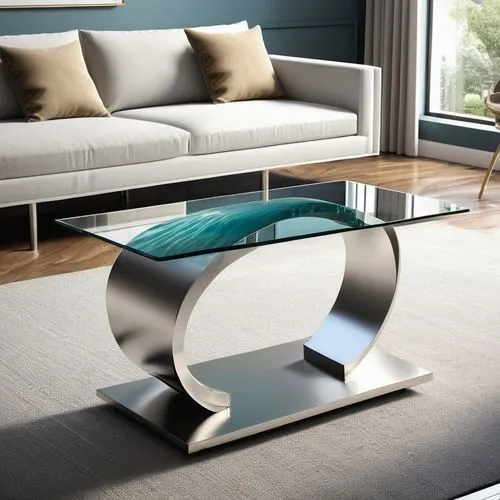 Inspired by the ebbs and flows of the sea, this modern and elegant table is crafted from sleek metal and glass. A 3D rendering of an interior scene, it exudes a realistic portrayal of ocean waves thro