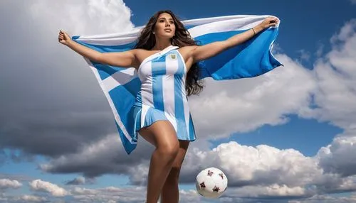 one beauty girl latina long hair brunette, brown skin curvy body huge chest large big hips, allegory goddess, toga greek, standing pose whole body, a ball soccer football on feet, Argentina Flag banne