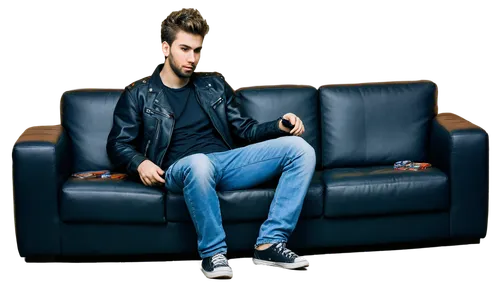 Young adult man, messy hair, goofy expression, thick beard, casual wear, ripped jeans, black leather jacket, sneakers, sitting on couch, playing video games, lazy posture, warm lighting, shallow depth