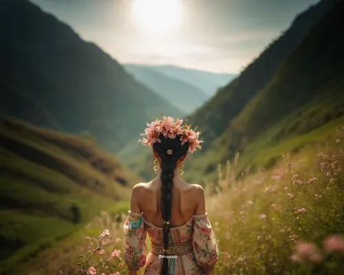 shepherdess,girl in flowers,the valley of flowers,pachamama,girl in a long dress from the back,travel woman