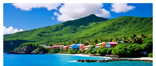 Jamaican landscape, tropical island, blue sky, fluffy white clouds, palm trees swaying gently, colorful wooden houses, lush green mountains, waterfalls cascading down, vibrant flowers blooming, reggae