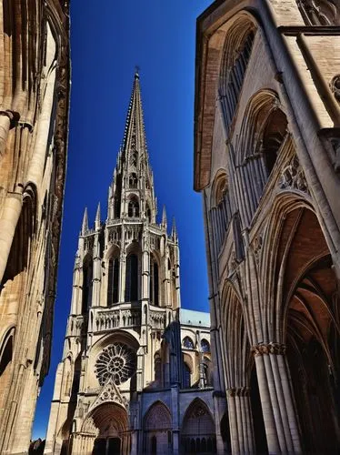 Gothic cathedral, Chartres architecture, grand, majestic, intricate stone carvings, stunning stained glass windows, vibrant blue and red hues, ornate facades, soaring vaulted ceilings, ribbed arches, 