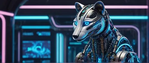 Futuristic civet AI robot, metallic body, glowing blue eyes, intricate circuits, neon lights, sleek design, posing, standing, futuristic lab, sci-fi background, holographic screens, complex machinery,