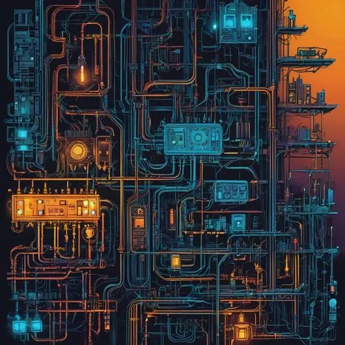 refinery,bottleneck,cybertown,metropolis,industries,refineries,industrial,bladerunner,connections,oil refinery,circuit board,circuitry,conduits,factories,industry,industrial landscape,microdistrict,industrial tubes,industrial plant,pipes,Conceptual Art,Sci-Fi,Sci-Fi 01