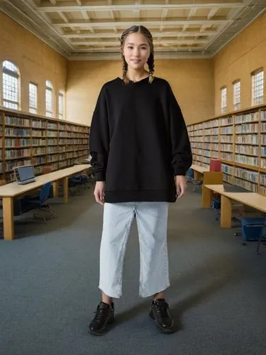 librarian,shirakami-sanchi,gnu,long-sleeved t-shirt,woman in menswear,eleven,academic,plus-size model,nun,anellini,sweatshirt,plus-size,sweatpant,author,professor,biologist,library book,raf,rhonda rauzi,bjork,Female,Eskimo,Braid,Youth adult,S,Confidence,Indoor,Library