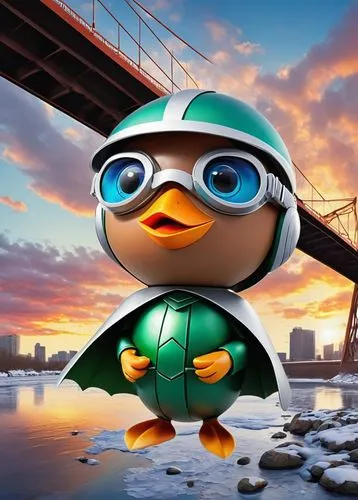 cartoon ((kinder egg floating the river bridge)) sunset grey head  in space balon. Her eyes are filled with intense focus.  capturing the world of reality and technology. This transformation is captur