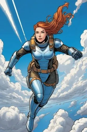 a woman with long hair in a futuristic costume flies through the air,laureline,siryn,rahne,madelyne,dematteis,lilandra