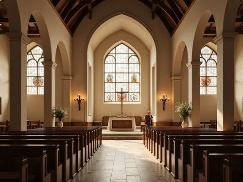 Serene church interior, minimalist decor, natural stone flooring, wooden pews, stained glass windows, vaulted ceilings, subtle lighting, sparse furnishings, elegant archways, simplistic altarpieces, c