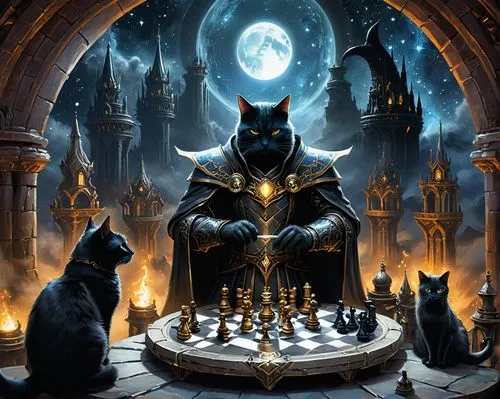 white and black wizard play chess at a round table in a room full of clocks, mystical and melancholic atmosphere of the picture, a black cat sits on the table,the chess knight and his cats in the cast