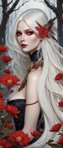 blood maple,black rose hip,yulan magnolia,white rose snow queen,fae,dark elf,black maple,fantasy portrait,elven flower,vampire lady,rosehip,faerie,tilia,a200,dryad,vampire woman,elven,rosehips,autumn background,fallen petals,Illustration,Abstract Fantasy,Abstract Fantasy 11