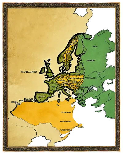 Old map, Europe continent, Netherlands highlighted, worn paper texture, yellowed parchment color, ornate frame, golden compass rose, detailed geography, mountain ranges, rivers, country borders, soft 