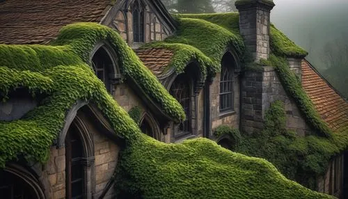 moss landscape,witch's house,roof landscape,house in the forest,fairy tale castle,grass roof,fairy house,witch house,buttresses,mossy,fairytale castle,house roofs,rivendell,miniature house,fairy chimney,moss,ancient house,forest house,houseleek,herbology,Conceptual Art,Daily,Daily 05