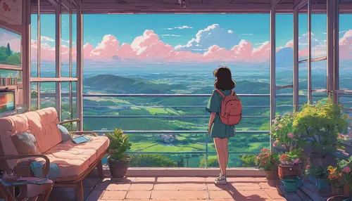 studio ghibli,sky apartment,summer day,summer evening,dream world,overlook,summer sky,the horizon,atmosphere,scenery,window to the world,idyllic,roof landscape,idyll,home landscape,horizon,spring morning,fresh air,evening atmosphere,summer background