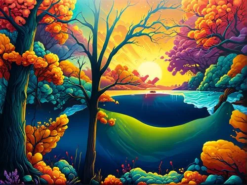 a painting of a sunset and two trees by the water,autumn landscape,river landscape,fall landscape,forest landscape,landscape background,autumn forest,Illustration,Realistic Fantasy,Realistic Fantasy 2